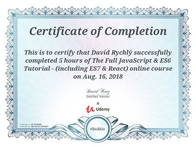 Certificate - The Full JavaScript & ES6 Tutorial - (including ES7 & React) - Udemy
